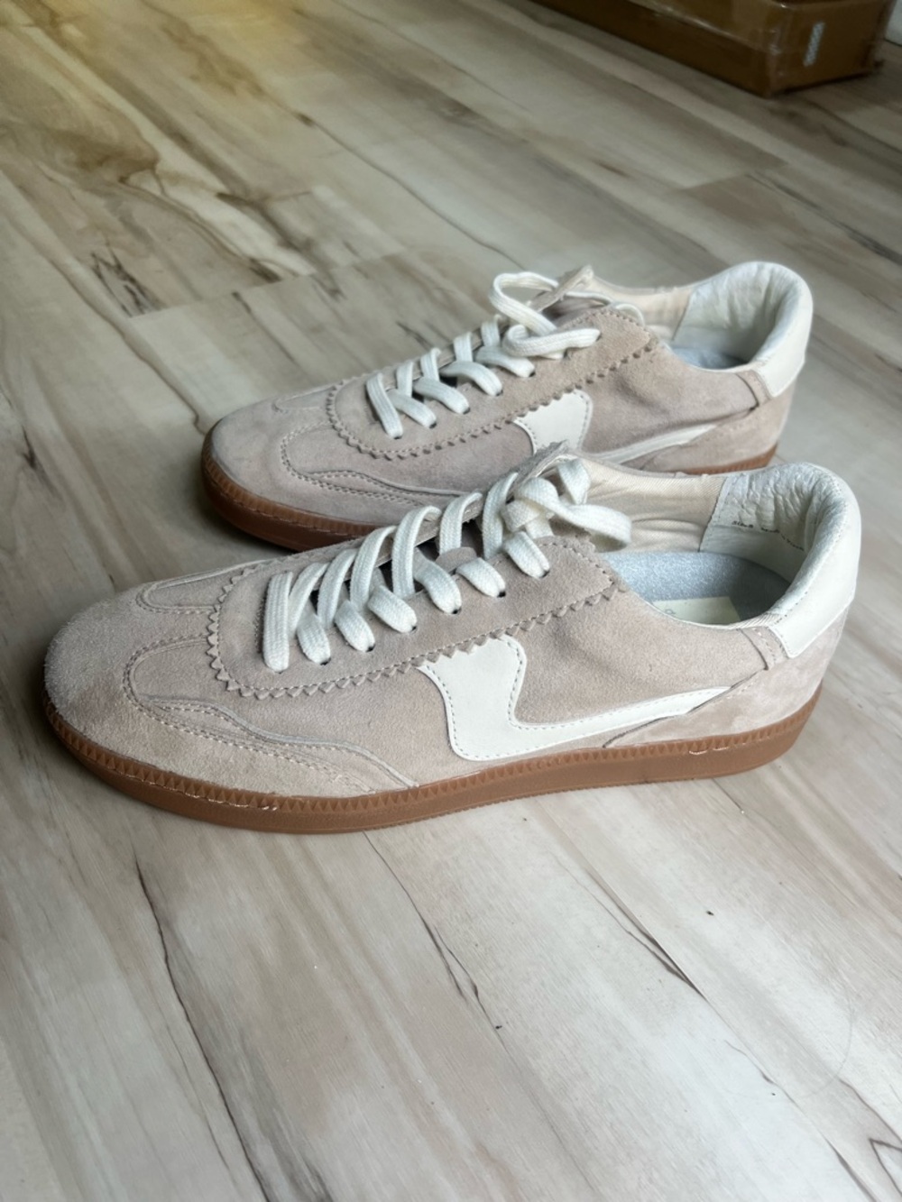 Dolce Vita Suede Sneakers in Light Beige & White with Gum Sole